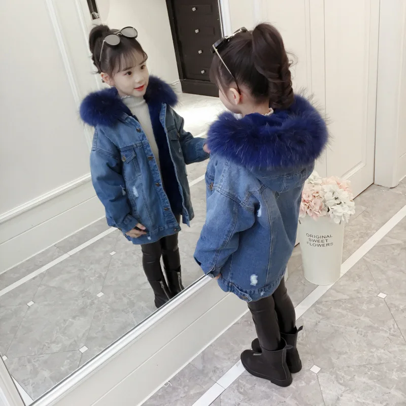 New Winter Baby Girl Denim Jacket Plus Velvet Real Fur Warm Toddler Girl Outerwear Coat 3-12 Years Kids Infant Girl Parka