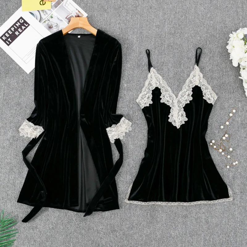 Сексуальный женский банный халат с длинным рукавом, белье из велюра, 2 шт., пижама, домашняя одежда, Осеннее мягкое кимоно, халат, ночная рубашка