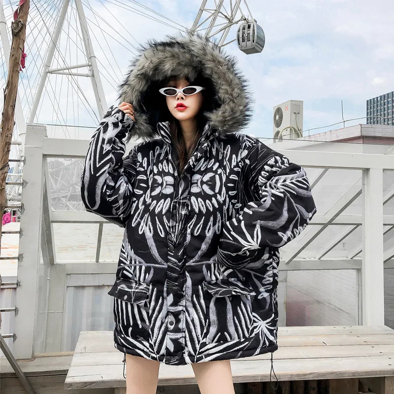 Flash Sale Hip Hop Fur Collar Parkas Men Women Streetwear Thick Winter Jacket Coats Leaf Print Loose Parka Couples Oversize US Size DG544