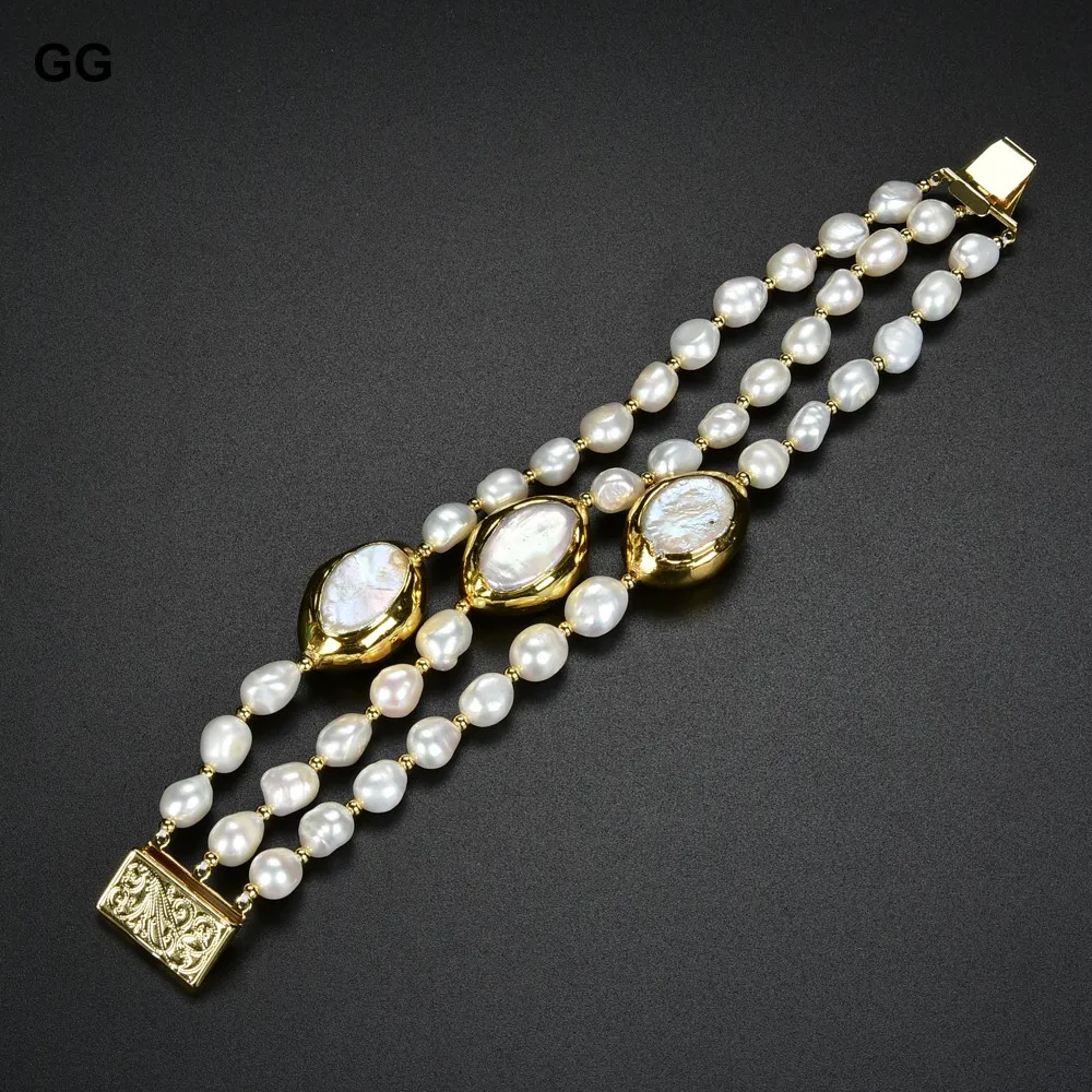 

8'' 3 Rows Cultured White Baroque freshwater Pearl White Keshi Pearl Bracelet for handmade classic wedding for women