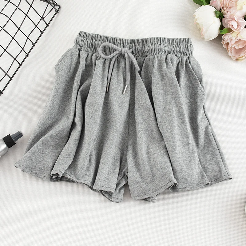GREY HELIAR Drawstring Женские однотонные шорты с высокой талией эластичная талия Повседневная широкая верхняя одежда шорты INS горячие шорты для бега - Цвет: GREY