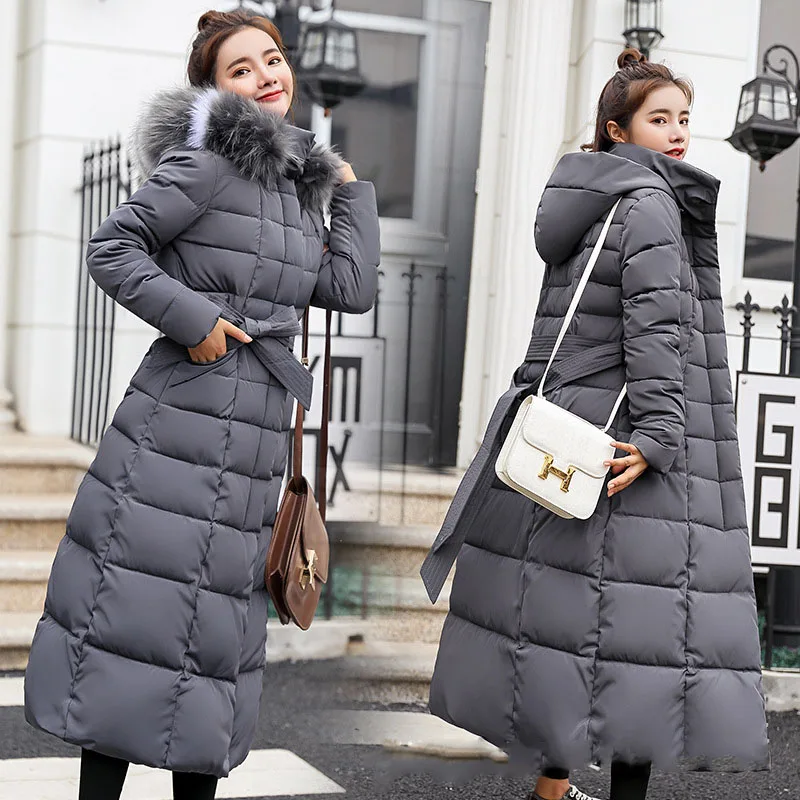 Длинное зимнее пальто, женское модное повседневное плотное пальто выше колена, теплое однотонное пальто с капюшоном и поясом, Женская куртка