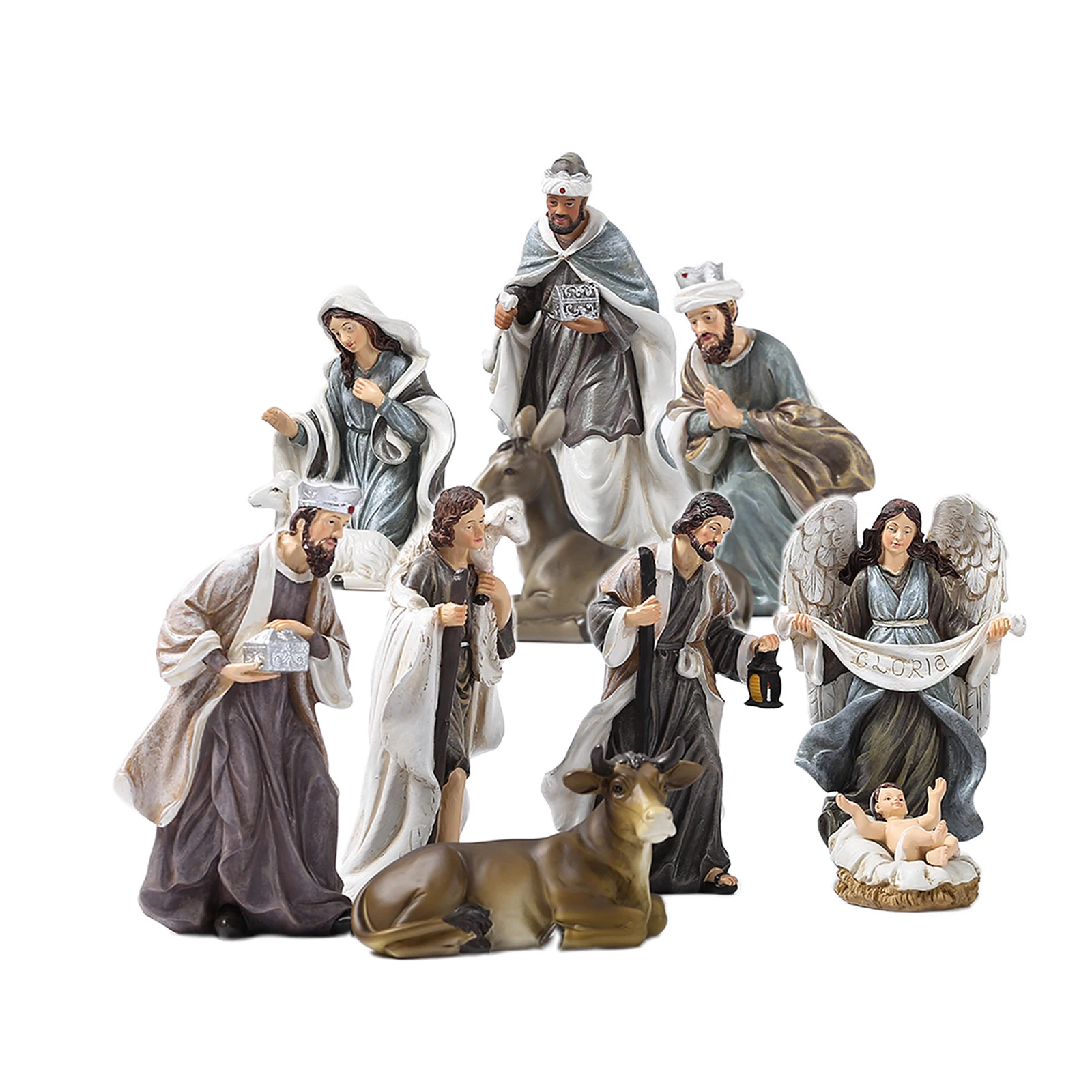 thumbnail image 1 of Juego de belén de 12 piezas, incluye figuras decorativas familiares de resina y juguetes de animales para estatuas de regalo, decoración navideña del hogar, 1 of 4