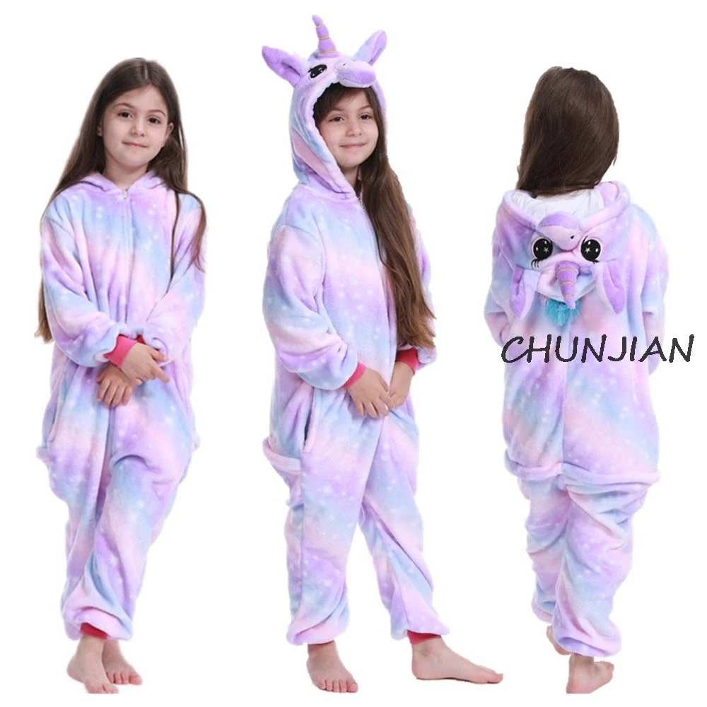2020 Winter Flannel Toddler Girls Warm Pajamas Boys Animal Cosplay Costume Pijamas Rainbow Unicorn Pyjamas Kids for 4-12 Years
