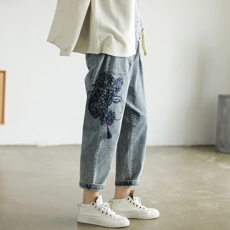 Jeans High Waist Women Spring Autumn Casual Loose Embroidery Jeans Woman Patchwork Denim Trousers Vintage Harem Pants AA5163