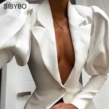 SIBYBO осень Фонари рукав Повседневное Блейзер Для женщин однобортная с английским воротником Длинный блейзер Пальто Кнопки белые пикантные Для женщин топы