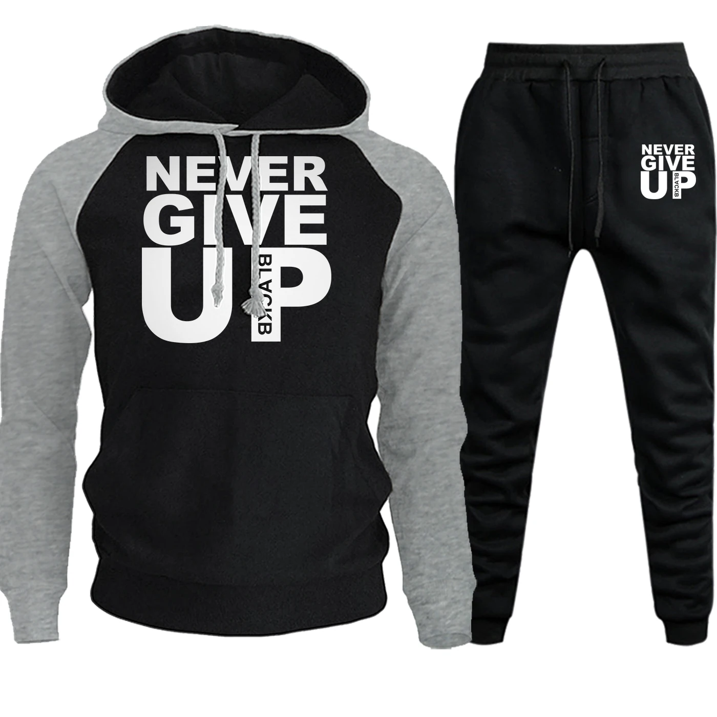 Never Give Up, Забавный принт, спортивная одежда, реглан, для мужчин, с капюшоном, Осень-зима, Повседневный пуловер, костюм, мужские флисовые толстовки+ штаны, комплект из 2 предметов - Цвет: gray black5