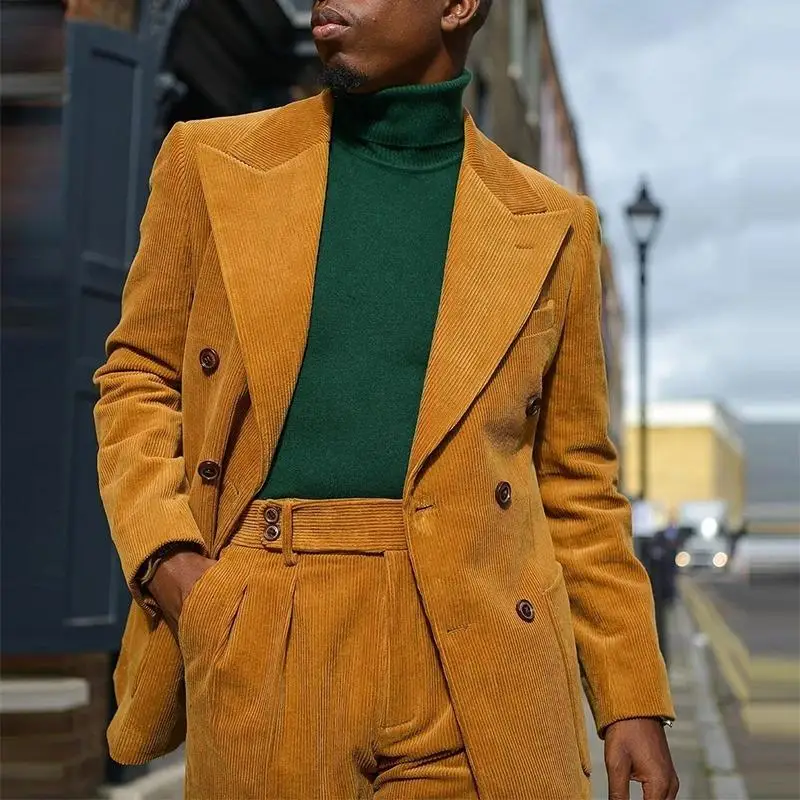 Orange Corduroy Men Blazer Suits Double 