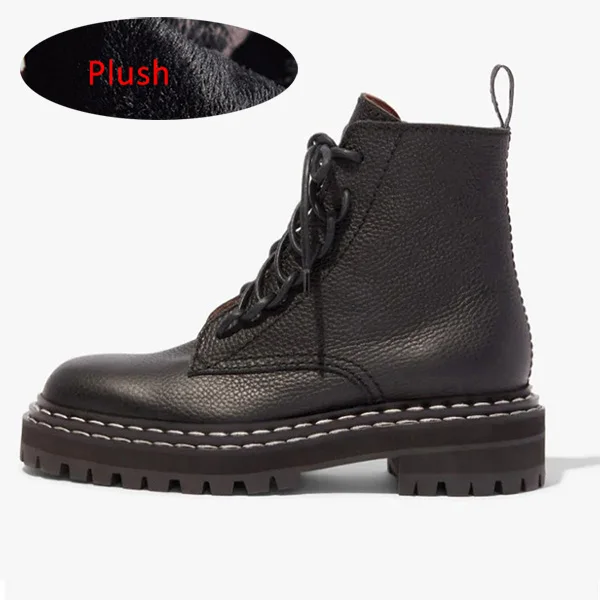Женские зимние ботинки; женская теплая обувь; Брендовые женские ботильоны; черная обувь на платформе; Осенняя повседневная обувь на шнуровке с острым носком; большие размеры - Цвет: Black plush