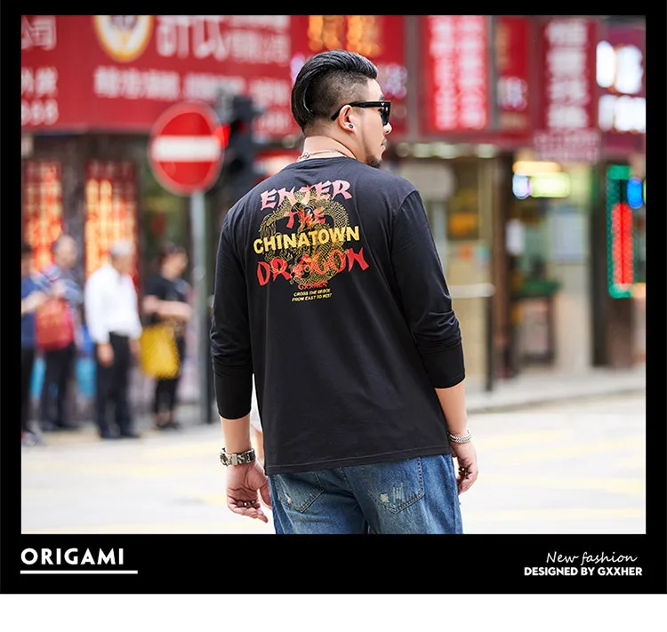 GXXH Large Size Men's Wear Fashion Autumn Fat Guy Long-sleeved Chinatown Chinese Dragon Printed Big Size T-shirt Male Oversized