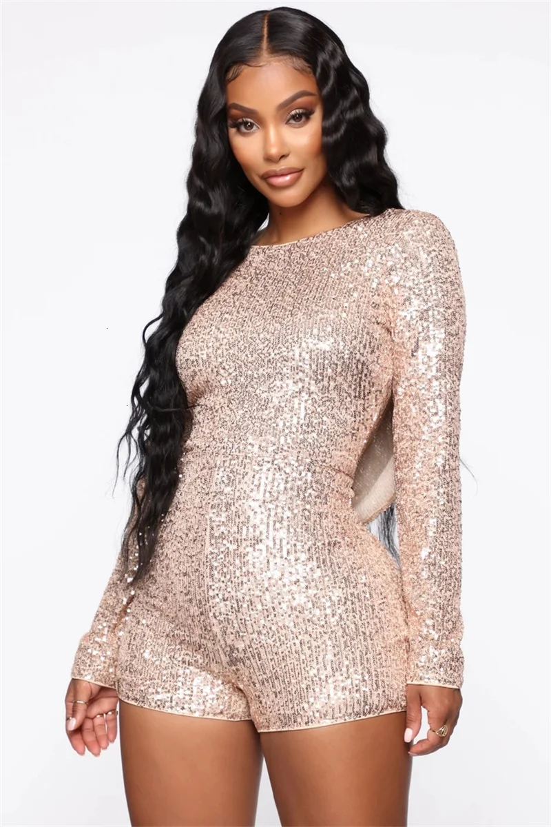 Ceremokiss Elegant Club Party Rompers Womens Jumpsuit Female Sequin Overalls Sexy O-neck Hooded Long Sleeve Short Sexy Playsuit