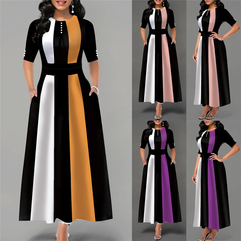 

2019 New Women Retro Tunic Half Sleeve Stripe Bodycon A Line Dresses Vintage Long Dress