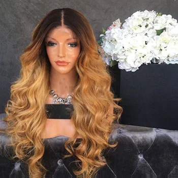 

Heat Resistant Ombre Blonde Long Curly Wavy Synthetic Lace Front Wig Dark Roots Fashion Women Makeup Wedding Party Daily Wigs