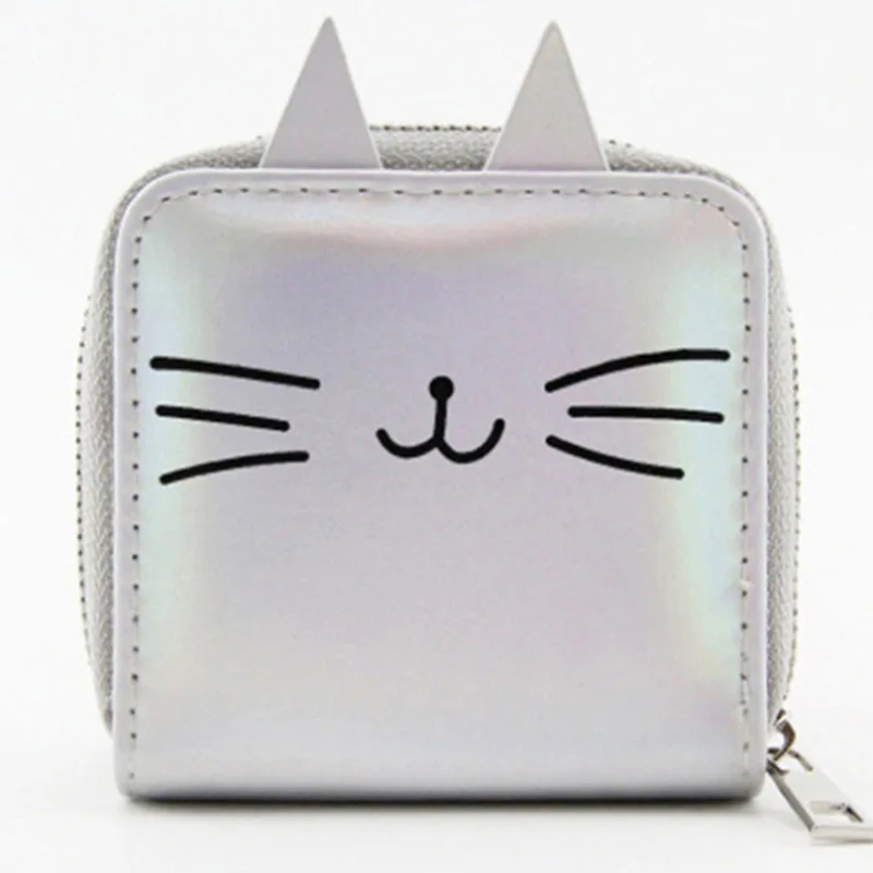 Мультяшное портмоне «кошка» женские кожаные лазерные бумажники Kawaii короткий кошелек PU маленький клатч на молнии банковский держатель для карт кошелек