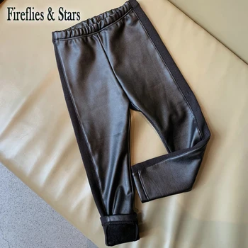

Spring Autumn Girls Pu Leggings Baby Skinny Pants Kids Casual Bottoms Children Tights New Faux Leather Knitted Patch 3 To 8 Yrs
