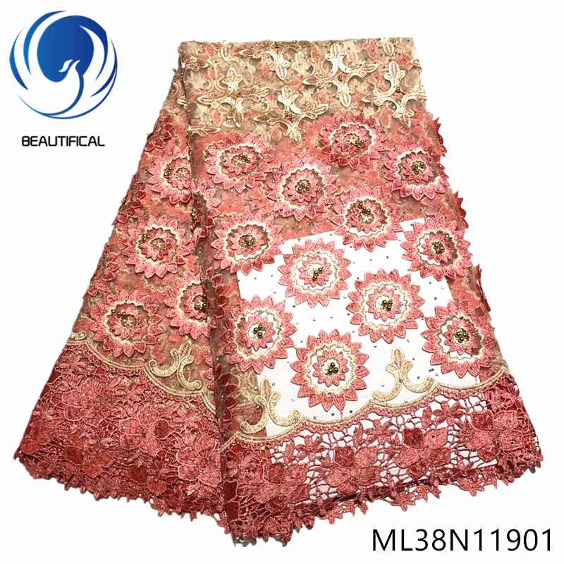 

Beautifical Nigerian lace fabrics New arrival embroidery beads net lace fabric with stones for dress 5yards french lace ML38N119