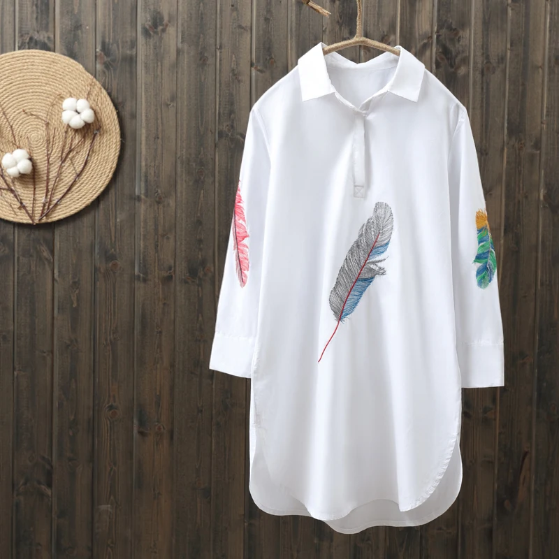 Женская блузка из 100% хлопка с вышивкой перьями белая длинная рукавом 3/4 свободные