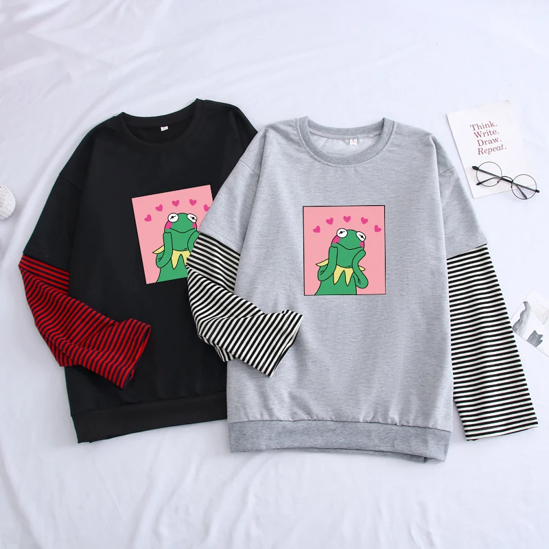 2019 Autumn Men's Sweatshirt Harajuku Hip Hop Funny Frog Print Men's Hoodies Fashion Fake Two-Piece Stitching Color Pullovers 2019 Autumn Men's Sweatshirt Harajuku Hip Hop Funny Frog Print Men's Hoodies Fashion Fake Two-Piece Stitching Color Pullovers