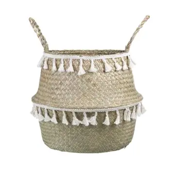 

Seagrass Woven Storage Basket Plant Wicker Hanging Baskets Garden Flower Vase Potted Foldable Pot with Handle Home Storage