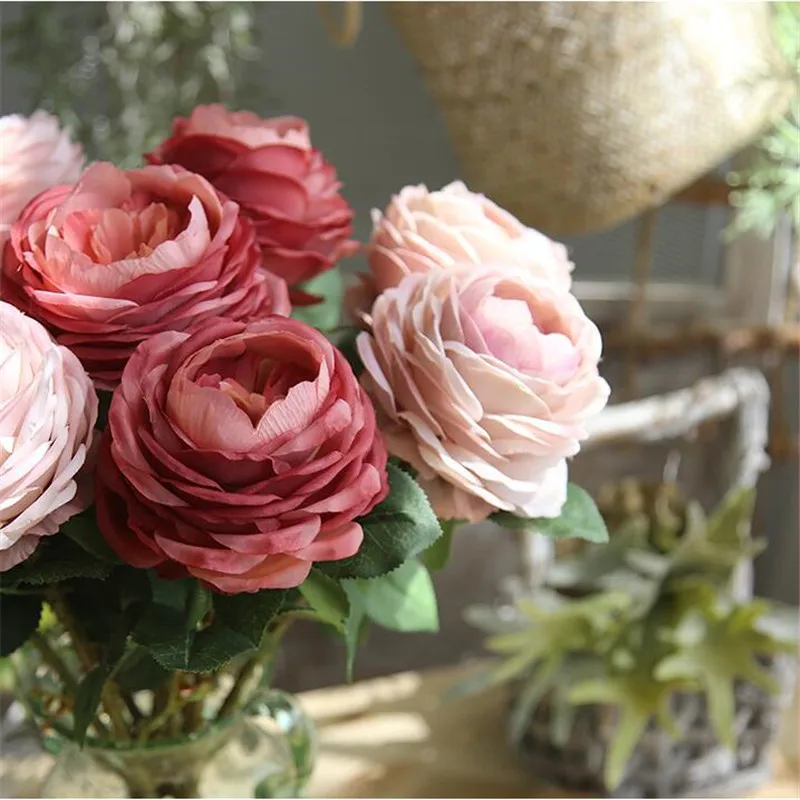 10Pcs European Fake Single Stem Round Rose 21.26" Length Simulation Melaleuca Roses Wedding Home Decorative Artificial Flowers