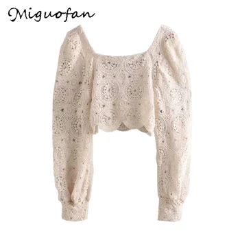 

Miguofan Women blouse shirts lace up crop blouser shirt hollow out elegant puff sleeve short blouse female vintage shirt tops