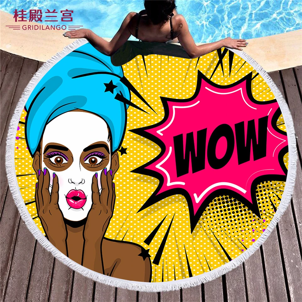 

GRIDILANGO Girl WOW Expression Cartoon Round Beach Towel With Tassel Cute Spoof Microfiber Bath Towel For Adult Blanket Tapestry