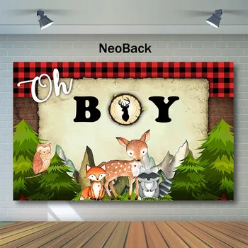 

Lumberjack Baby Shower Photography Backdrop Oh Boy Red Black Plaid Background Camping Animal Pine Trees Photo Backgrounds