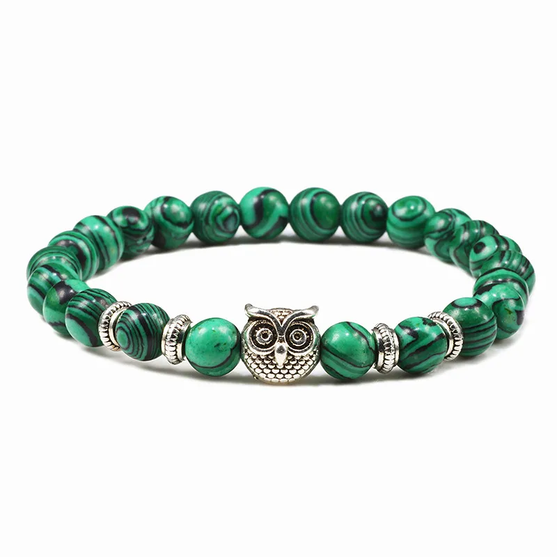 Green Malachite Мужской браслет из камня тигровый глаз, 8 мм Малахитовый браслет с головой совы, очаровательные браслеты из бисера, женский браслет, браслет для йоги, ювелирные изделия, браслеты - Окраска металла: Green Malachite
