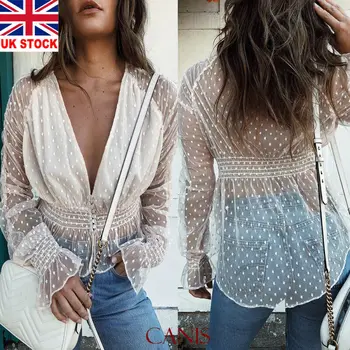 

Women Puff Sleeve Polka Dot Casual Loose See Through shirt Tops Blouse shirt women summer see through blouse shirt