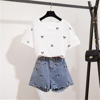 

CBAFU short sleeve Tshirt wide legs denim shorts 2 piece set cartoon mickey print tops cute runway embroidery jeans shorts F208