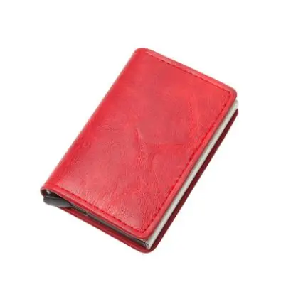 red Кредитный держатель для карт s для мужчин и женщин искусственная кожа Crazy Horse RFID Блокировка мини кошелек алюминиевая коробка автоматический всплывающий держатель для карт чехол - Цвет: red