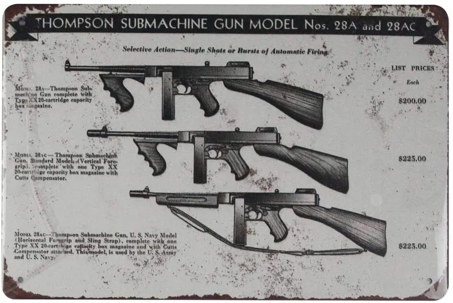 

EICOCO Thompson Submachine Gun Model nos. 28A and 28AC (20x30cm) Retro Metal Tin Vintage Wall Art Sign
