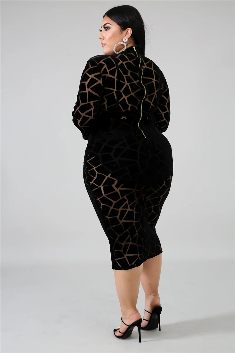 Adogir S-6XL, геометрическое флокированное прозрачное Сетчатое облегающее платье размера плюс, женское облегающее платье миди с длинным рукавом и воротником, Клубное вечернее платье