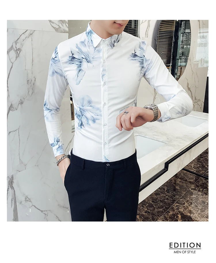 Camisa/Мужская рубашка с цветочным принтом и длинными рукавами; рубашка с цветочным принтом; мужская одежда в городском стиле для мужчин; Клубные вечерние рубашки для свадьбы; мужская рубашка
