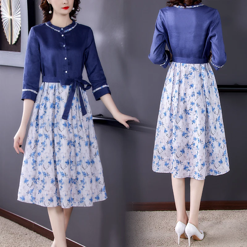 

Women Blue Hemp Patchwork Floral Midi Dress Autumn Winter Long Sleeve Korean Vintage Casual Dress 2024 New Elegant Bodycon Dress