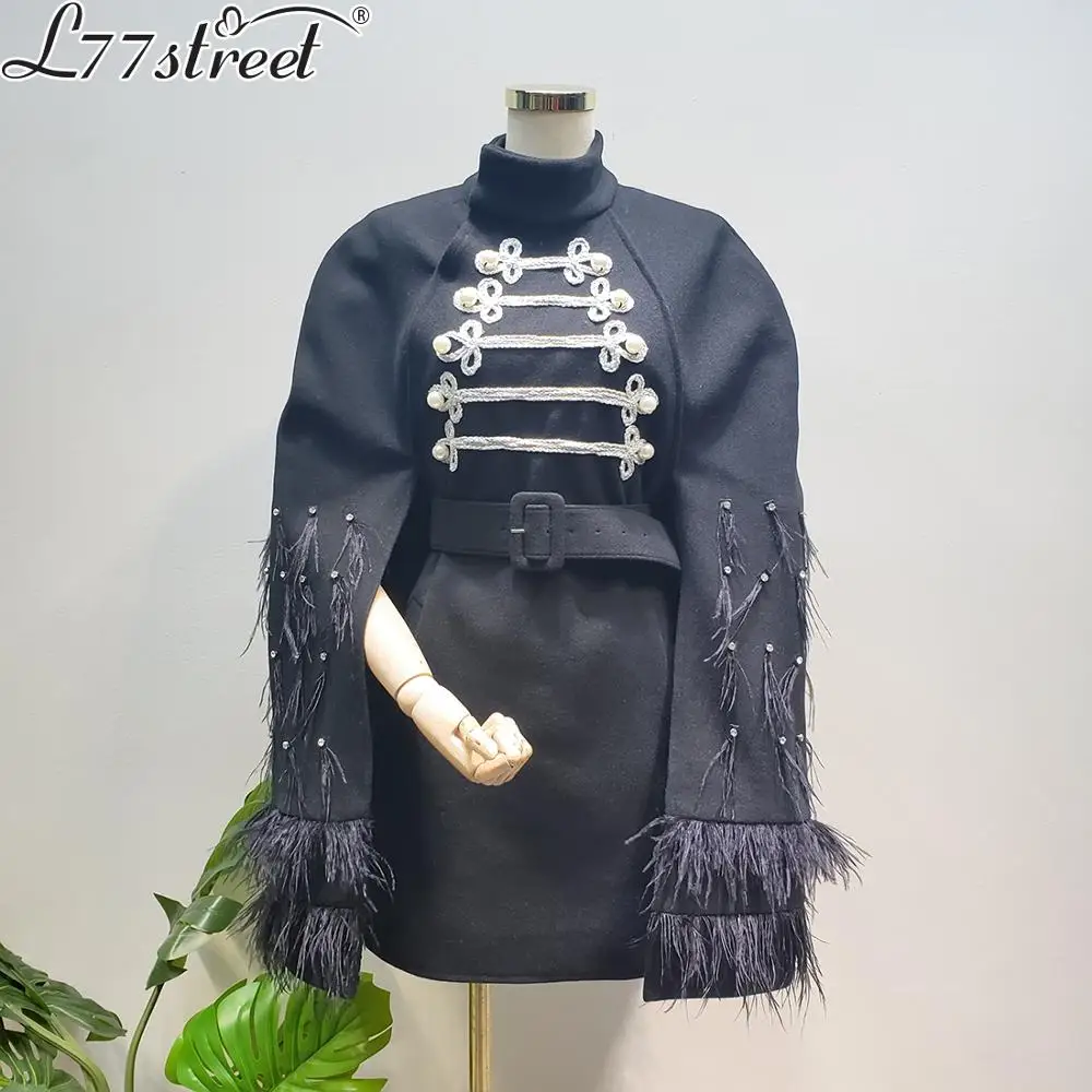 

L77street Winter England long heavy work woolen feathers with diamonds cloak with fake two cloak jacket women