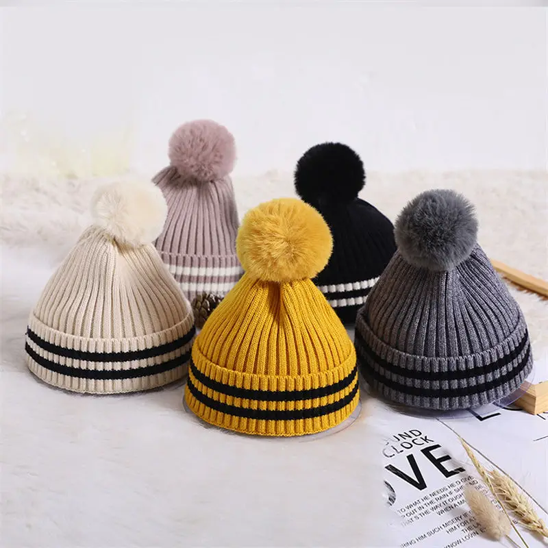 Новинка года; зимние трикотажные изделия в полоску с помпонами; Теплая Шапка; Лыжная Шапочка; шапочка для детей; для мальчиков и девочек; 49