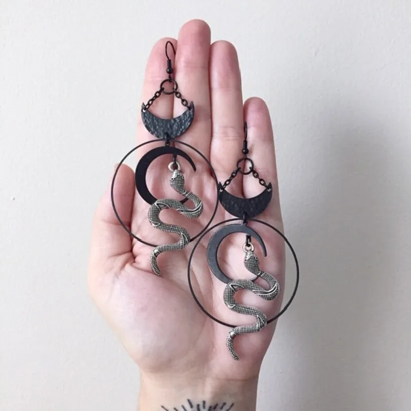 Harvest Ritual Moon Snake Earrings Jewelry Wicca Big Snake Pendant Women Gift Goth Statement Hallowee Grunge pendant earrings animal earrings