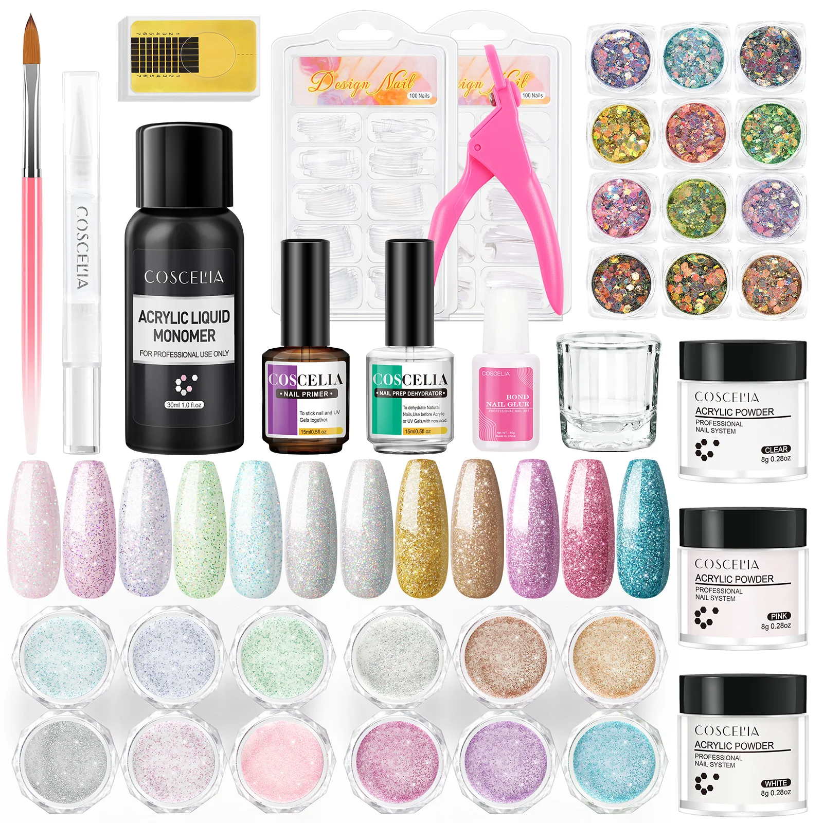 Coscelia Acrylic Nail Art Set Full Manicure Kit With Glitter Nails Decoration Kit Acrylic Liquid