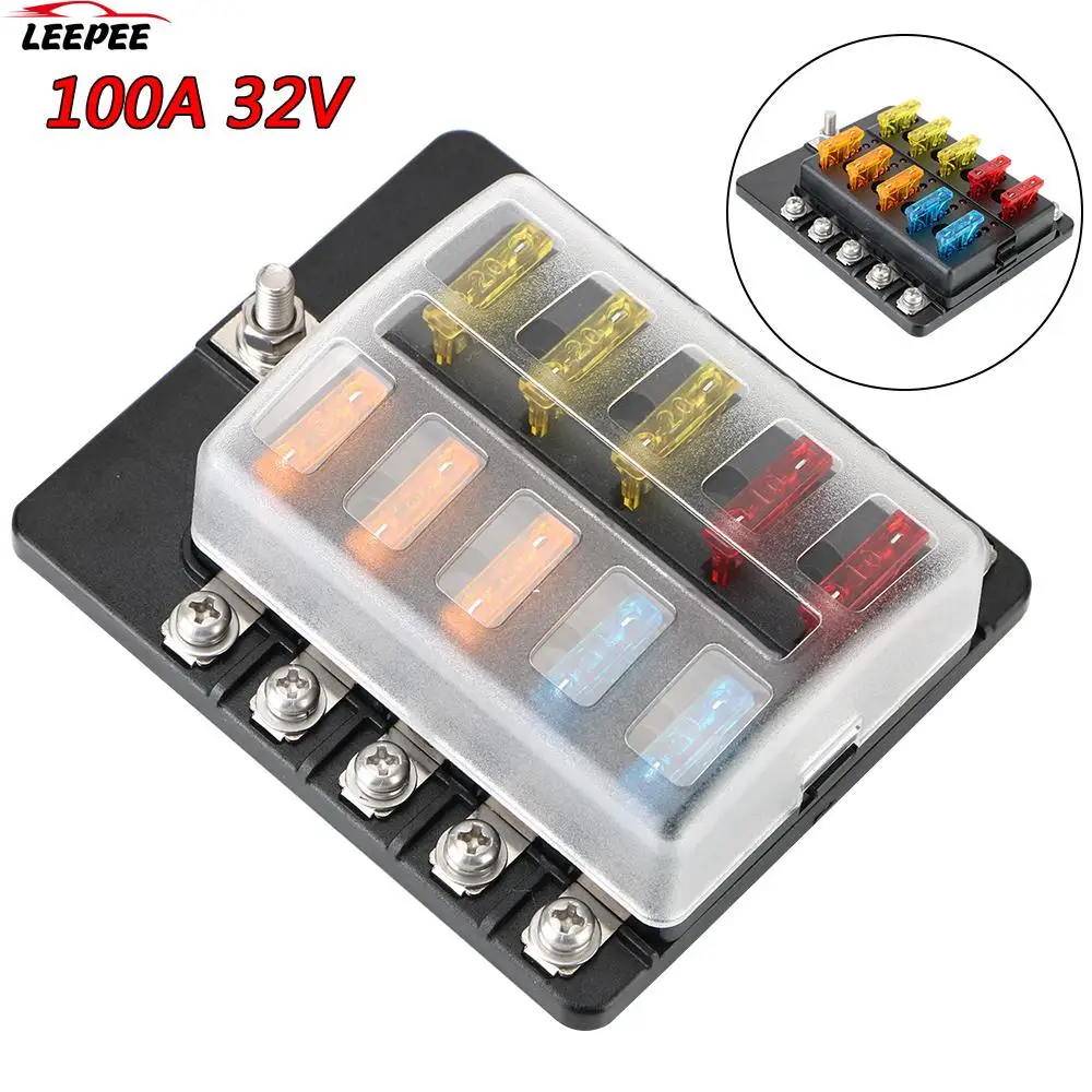 Fuse Box Holder 8 Ways 10 Ways Blade Fuse Block 32V 100A M5 Stud With