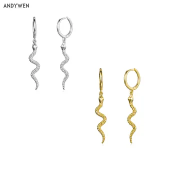 ANDYWEN 925 Sterling Silver Gold Long Snake Hoops Earrings High Quality Women Luxury Hoops Punk Rock Drop Earring Jewelry
