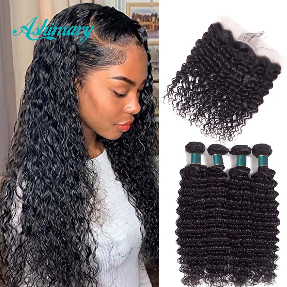 Ashimary Deep Wave Brazilian Hair Bundles with Frontal Remy Hair 3/4 Bundles with Frontal Human Hair Bundles with Lace Frontal