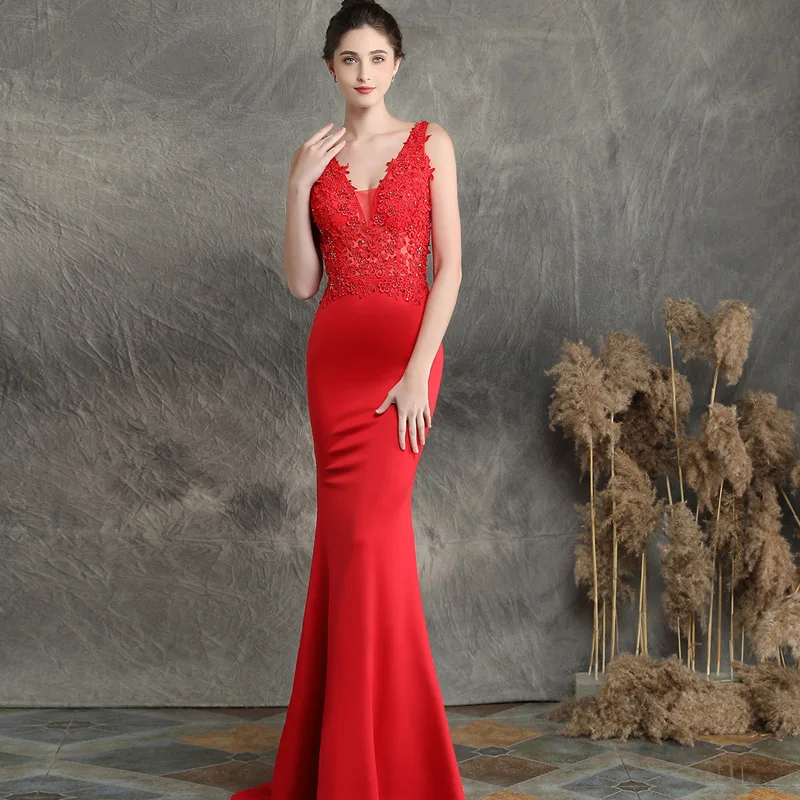 Глубокий v-образный вырез Бургундия вышитые Русалка платье Bodycon длиной в Пол