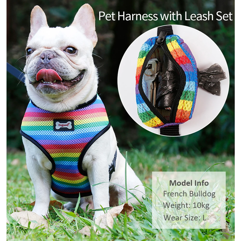 

Pet Products Dog Harness Dog Leash For Small/Medium Dog Harness Vest Rainbow Breathable Dog Collar with Poop Bag