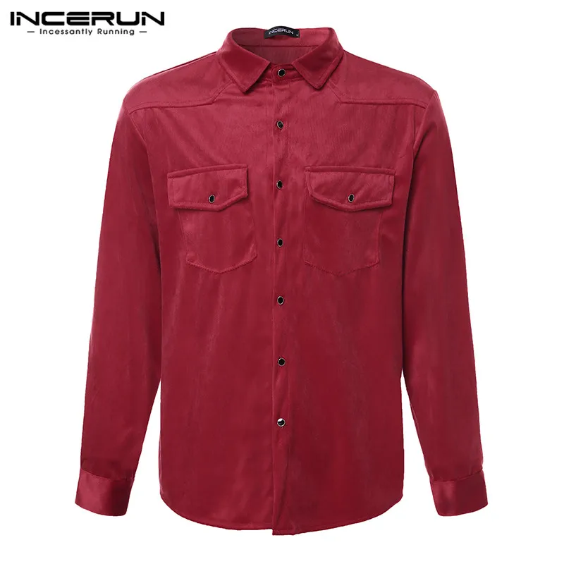 INCERUN Men Harajuku Joker Shirts Long Sleeve Pure Color Shirt Slim Button Pockets Warm Fleece Fashion Mens Blouse Camiseta - Цвет: Red