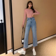 Весенние прямые женские брюки с высокой талией, свободные джинсы с задними боковыми карманами для офиса, модные джинсовые брюки в стиле ампир