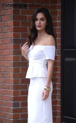 White Elegant 2017 Cheap Short Sheath Cocktail Dresses White Stain Off Shoulder Short Sleeve Peplum Knee Length Party Gowns Custom Made  99 (3)