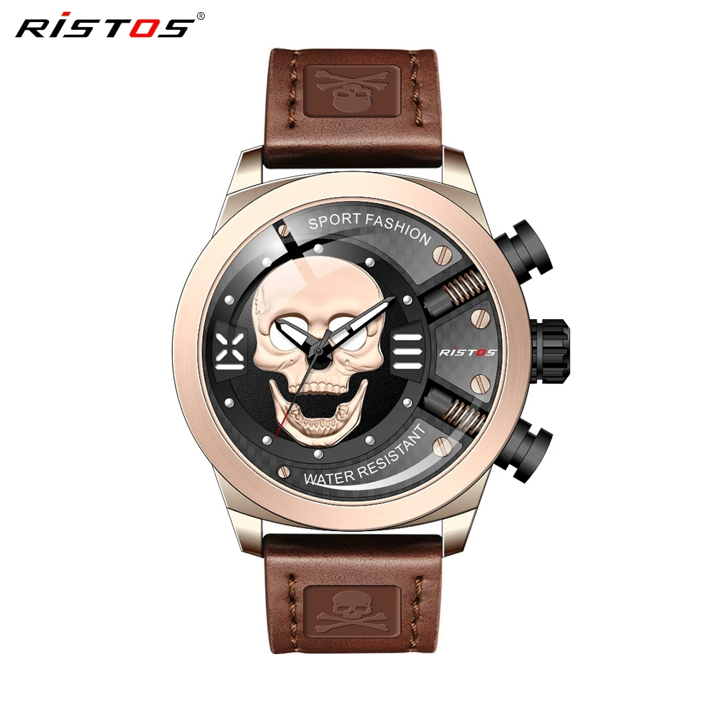 RISTOS 3D череп Личность Ретро Мода Мужские часы Прохладный Череп мужской роскошный бренд часов кварцевые Креативные Часы Relogio Masculino - Цвет: Brown PU Strap