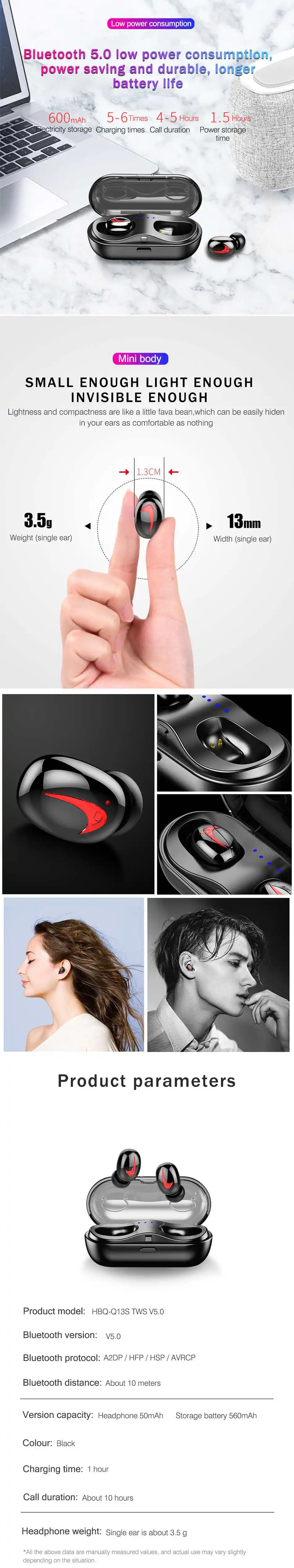 CLAITE Q13S TWS Bluetooth 5,0 наушники стерео Бас IPX5 Водонепроницаемый шумоподавление Спортивная гарнитура с HD микрофоном для Xiaomi huawei