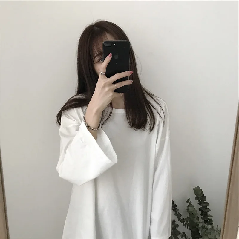 Xian 1984 bai Harajuku однотонные свободные футболки с длинным рукавом женские милые яркие цвета футболка корейский стиль простой дизайн женские модные футболки топы - Цвет: Xian 1984 bai